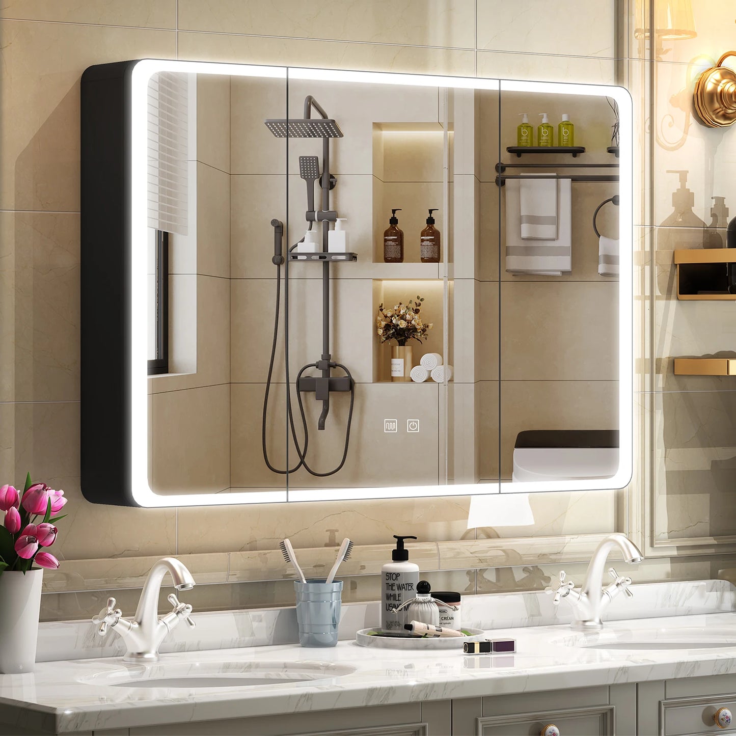 Onesaimei LED Mirror Cabinet With Fogless Lighting Two Door Bathroom
