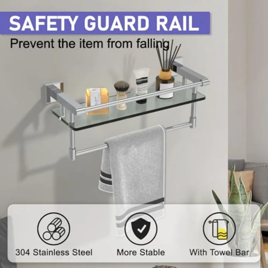 Bathroom Glass Shelf With Towel Bar And Stainless Steel Holder