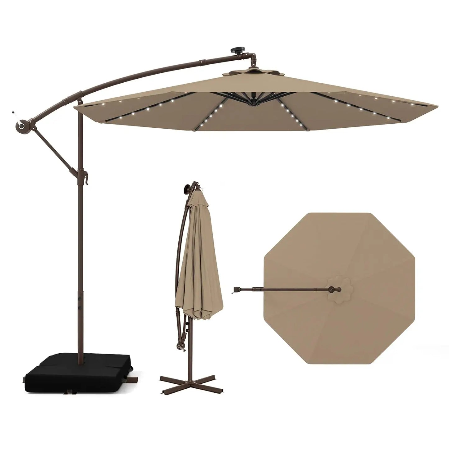 Offset Cantilever Patio Umbrella With Base And Solar LED Lights