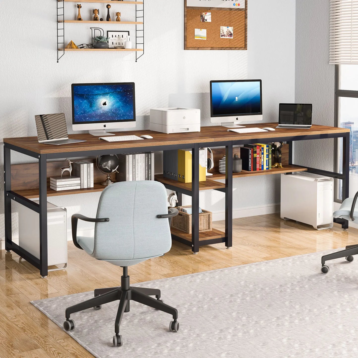 Tribesigns Two Person Desk With Bookshelf Rustic Computer Desk Workstation
