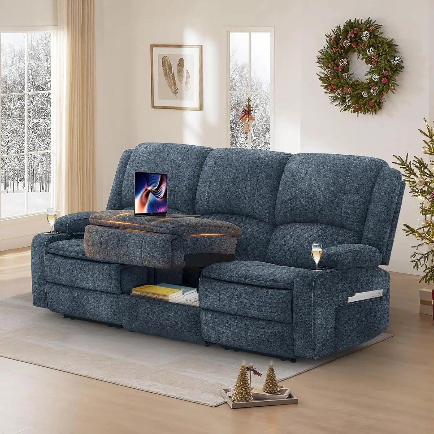 3 Seat Recliner Sofa With Console USB Ports And Cupholders