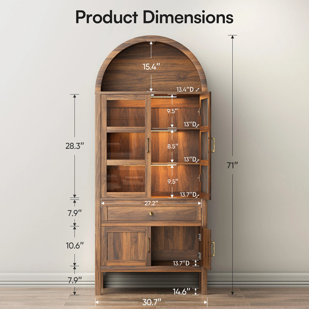 Cottinch Arched Wood Storage Cabinet Adjustable Shelves Dimmable LED Lights