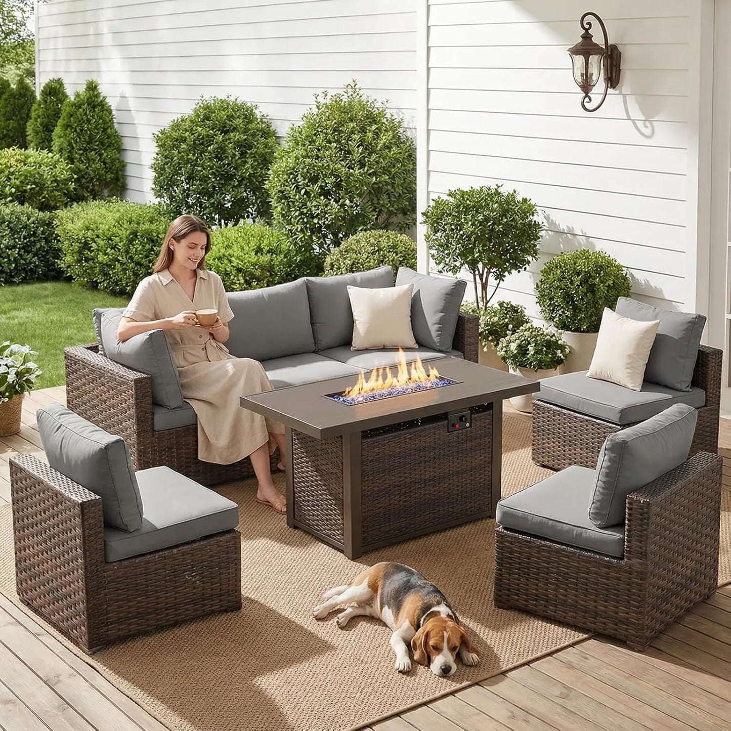 XIAOLANG 7 Piece Outdoor Patio Furniture Set Sectional With Firepit