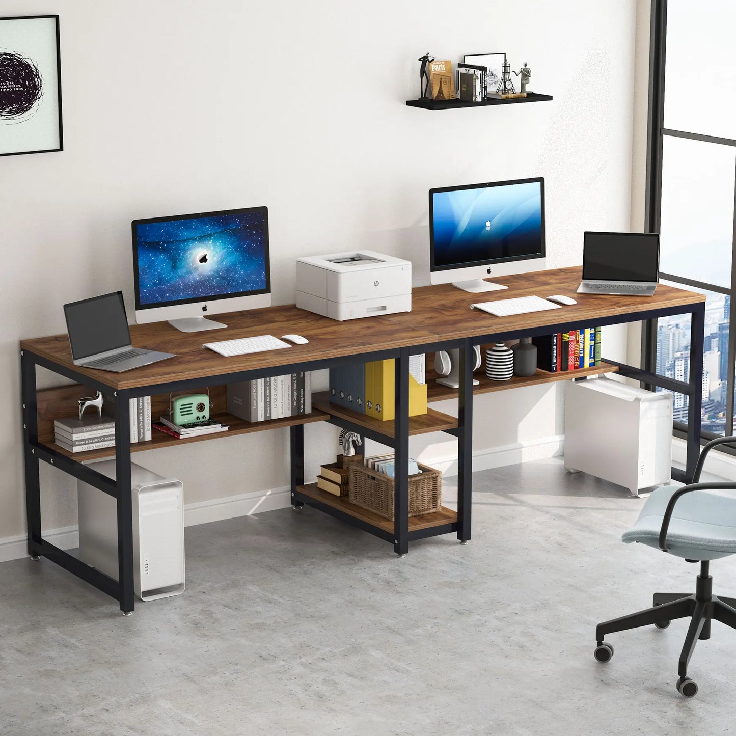 Tribesigns Two Person Desk With Bookshelf Rustic Computer Desk Workstation