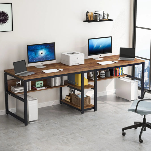 Tribesigns Two Person Desk With Bookshelf Rustic Computer Desk Workstation