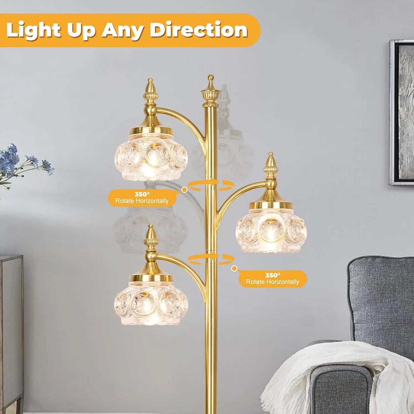 Gold Dimmable Tree Floor Lamp With Rotatable Glass Shade