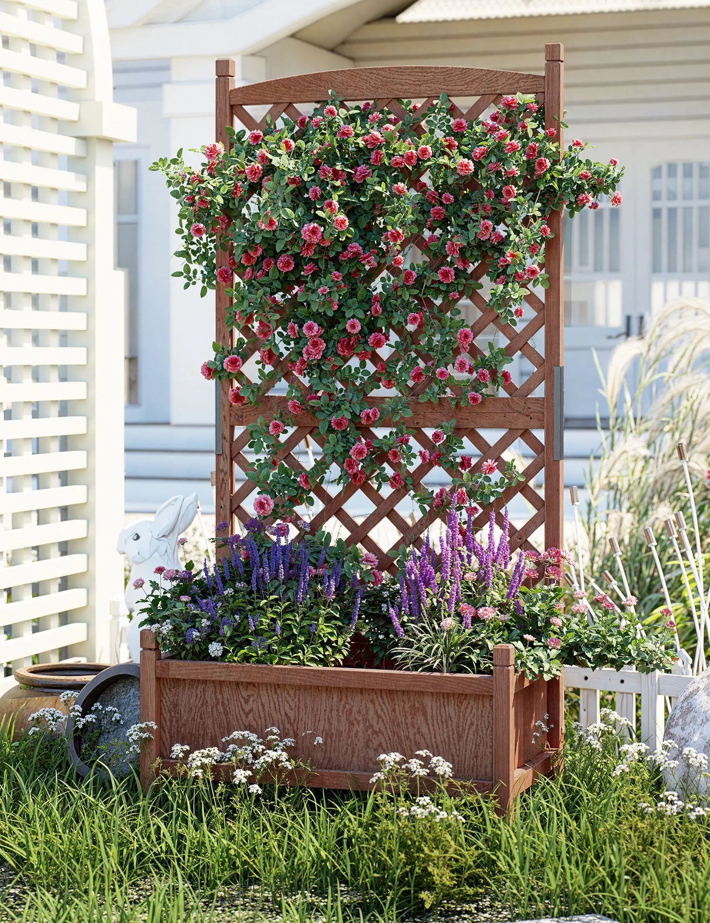 TWISTER.CK Wood Raised Planter Box With Trellis And Wheels