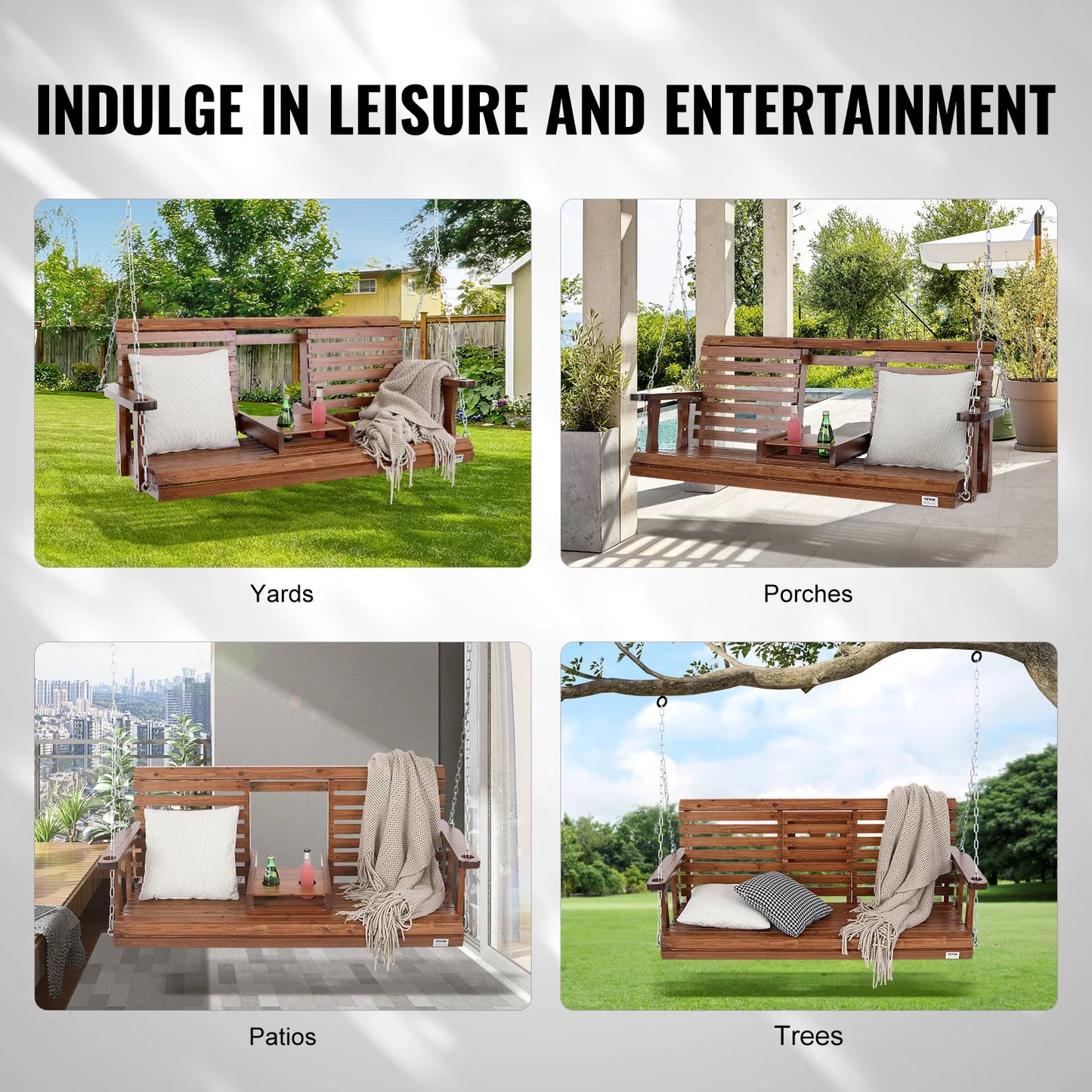 SucceBuy Wooden Porch Swing For Patio And Garden Outdoor Seating