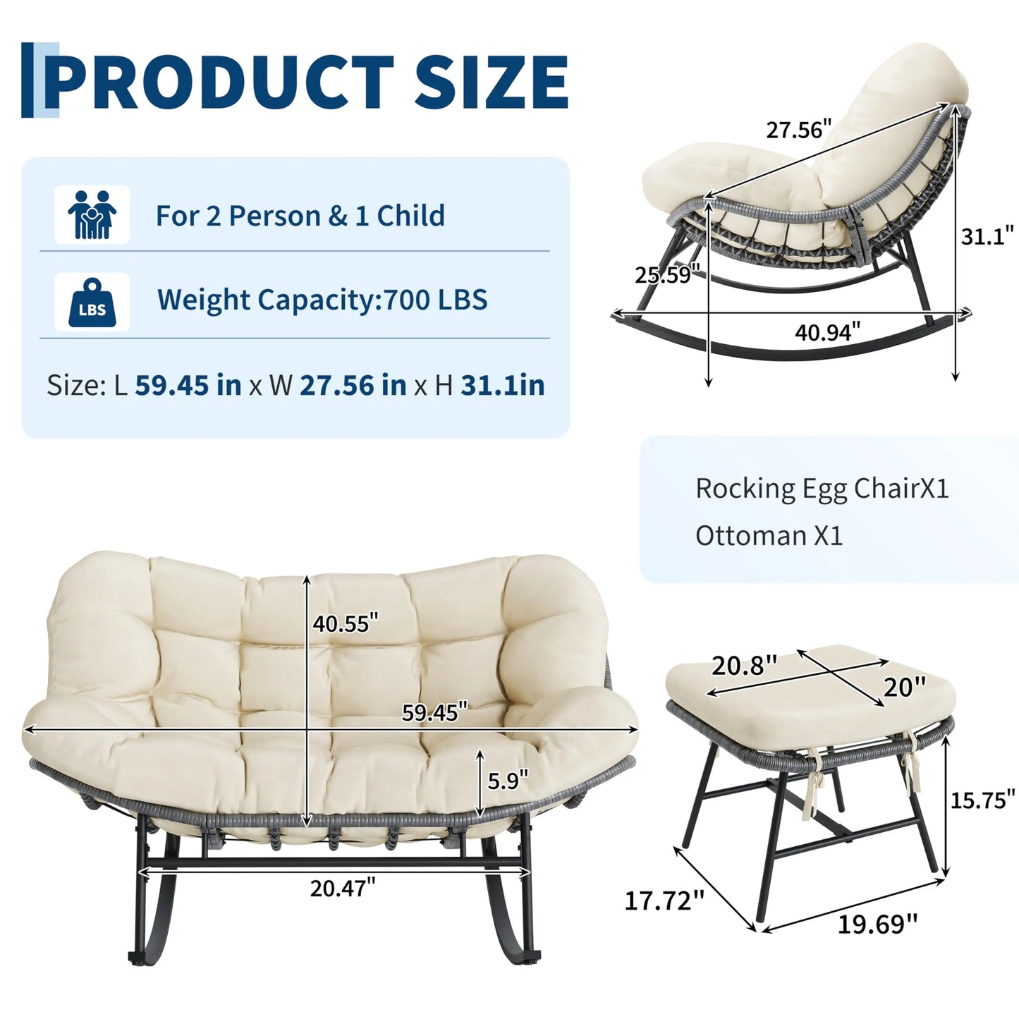 HobbyLane Double Papasan Rocking Chair With Ottoman Outdoor Oversized Wicker