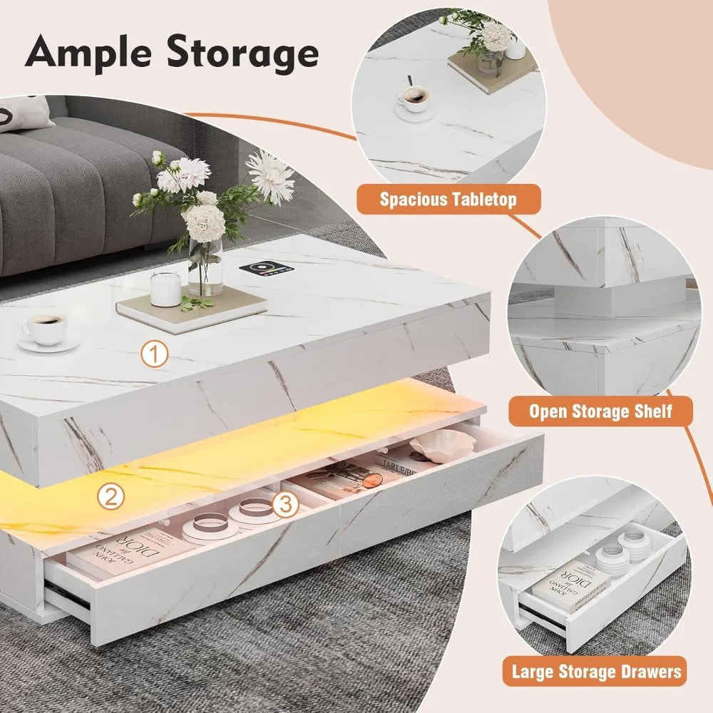 Smart LED Coffee Table With Wireless Charging Bluetooth Speaker Drawers