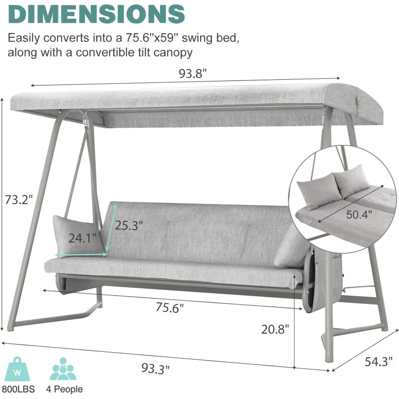 CHINNLUU Outdoor Patio Swing With Canopy Adjustable Backrest 800 Lbs