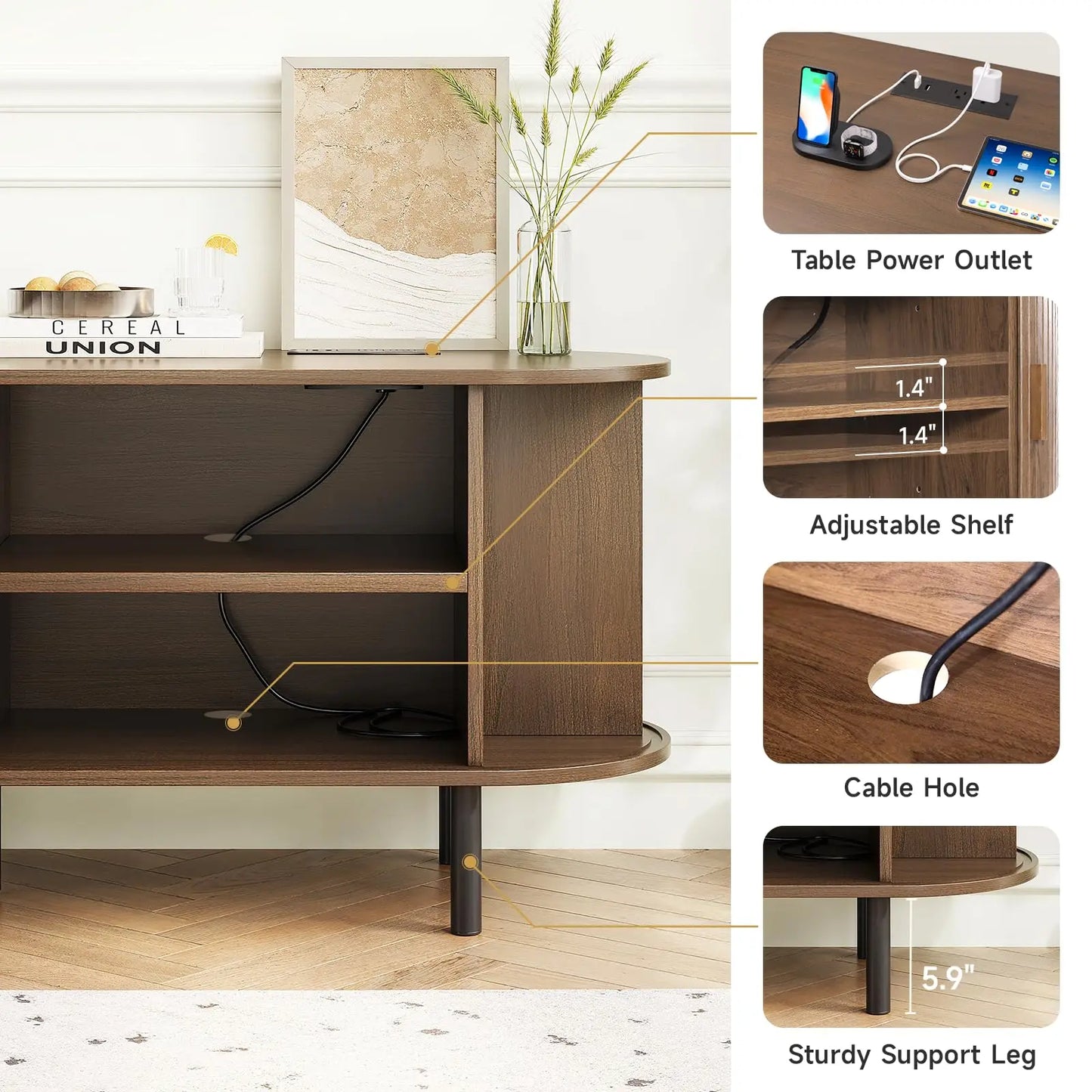 ONBRILL TV Stand With Power Outlet Sliding Doors Storage