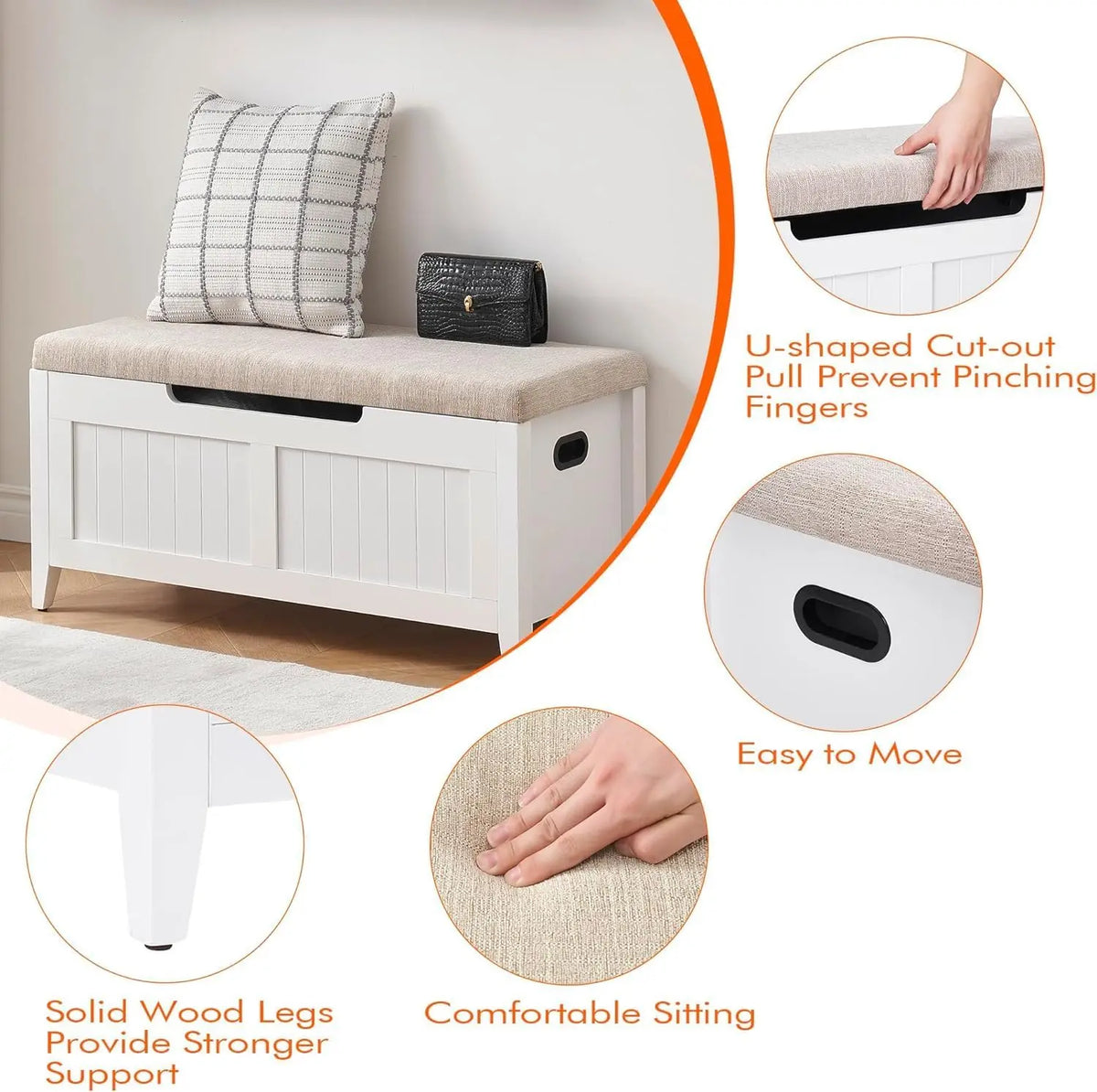 Garvee Wooden Storage Bench With Cushion And Safety Hinges