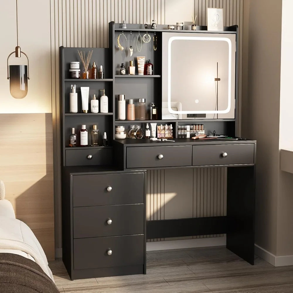 LED Lighted Makeup Vanity Desk With Charging Station And Three Color Lighting