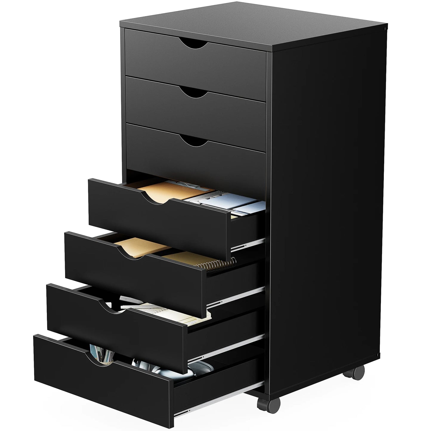JHK 7 Drawer Chest Nightstand With Rolling Wood Storage Cabinet