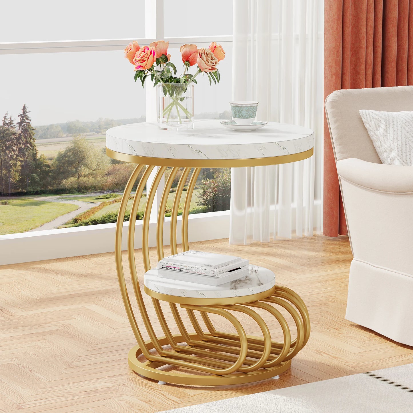 Tribesigns Round End Table With Storage Shelf Two Tier