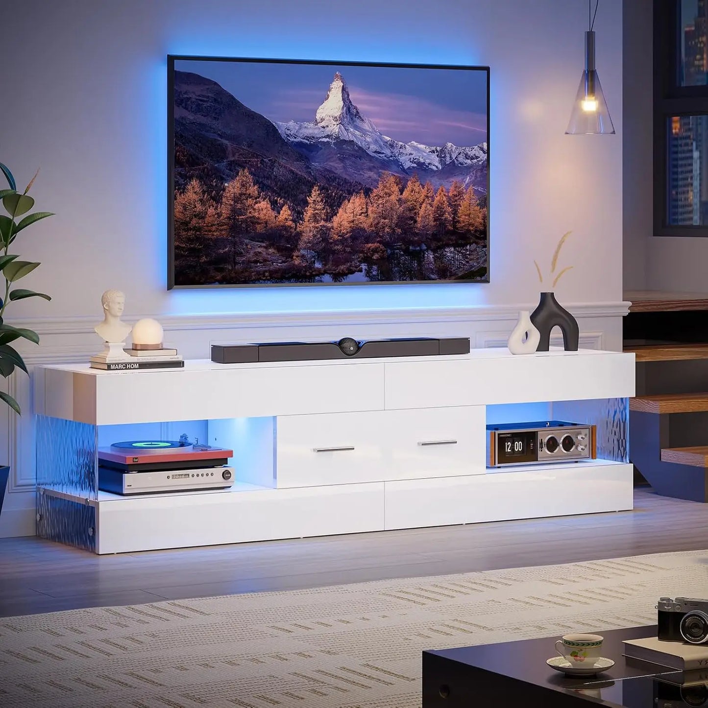 High Gloss Modern TV Stand With Stone Patterned Side Panels