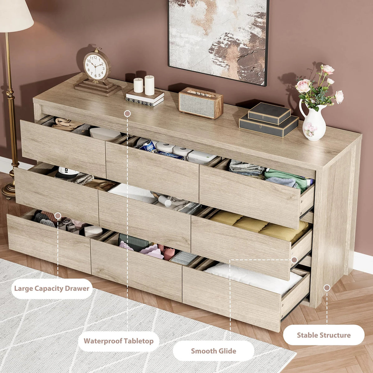 Acekool Modern Handleless Wood Chest Of Drawers With Spacious Storage