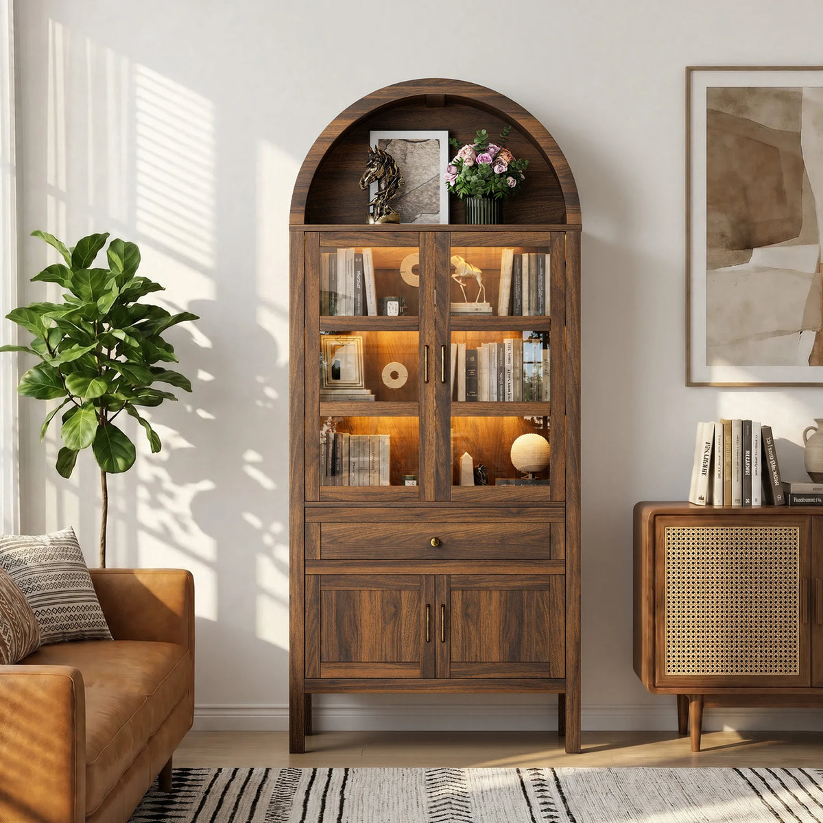 Cottinch Arched Wood Storage Cabinet Adjustable Shelves Dimmable LED Lights