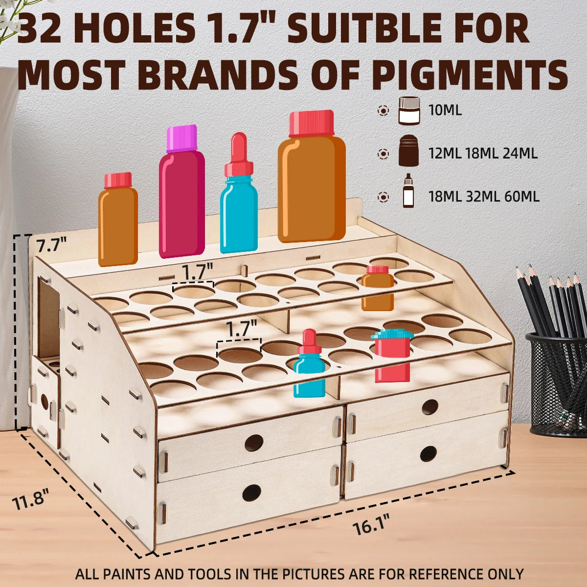 Wood Paint Rack With Marker Pen Storage Pull Out Organizer