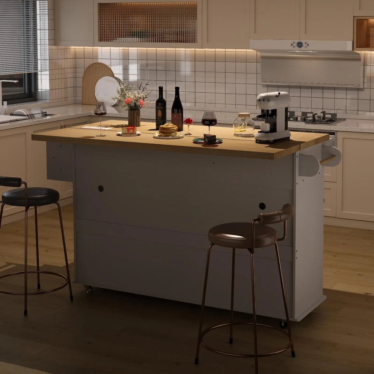 ONBRILL Rolling Kitchen Island With Drop Leaf And Power Outlet