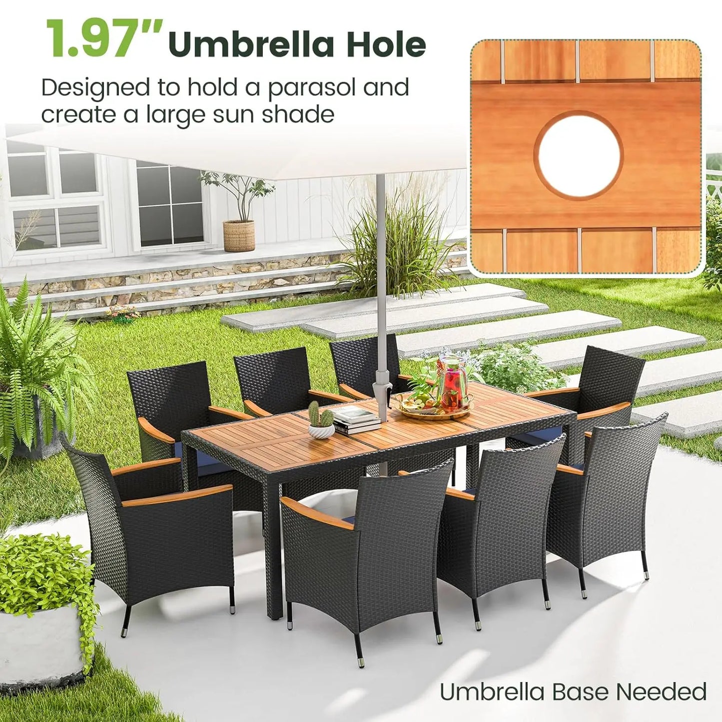 Outdoor Patio Dining Set Rattan Table And Chairs Acacia Wood Umbrella Hole