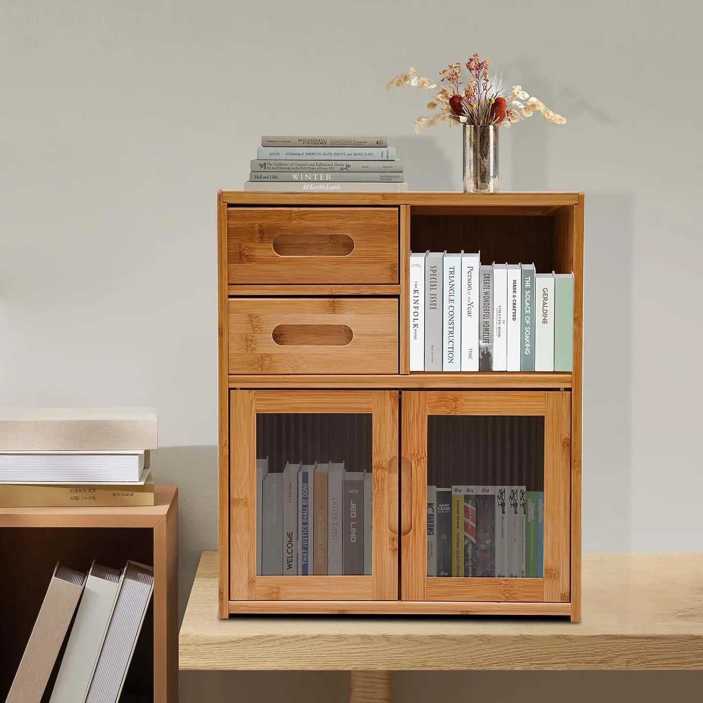 Bymaocar Bamboo Kitchen Pantry Cabinet With Bread Box And Drawers