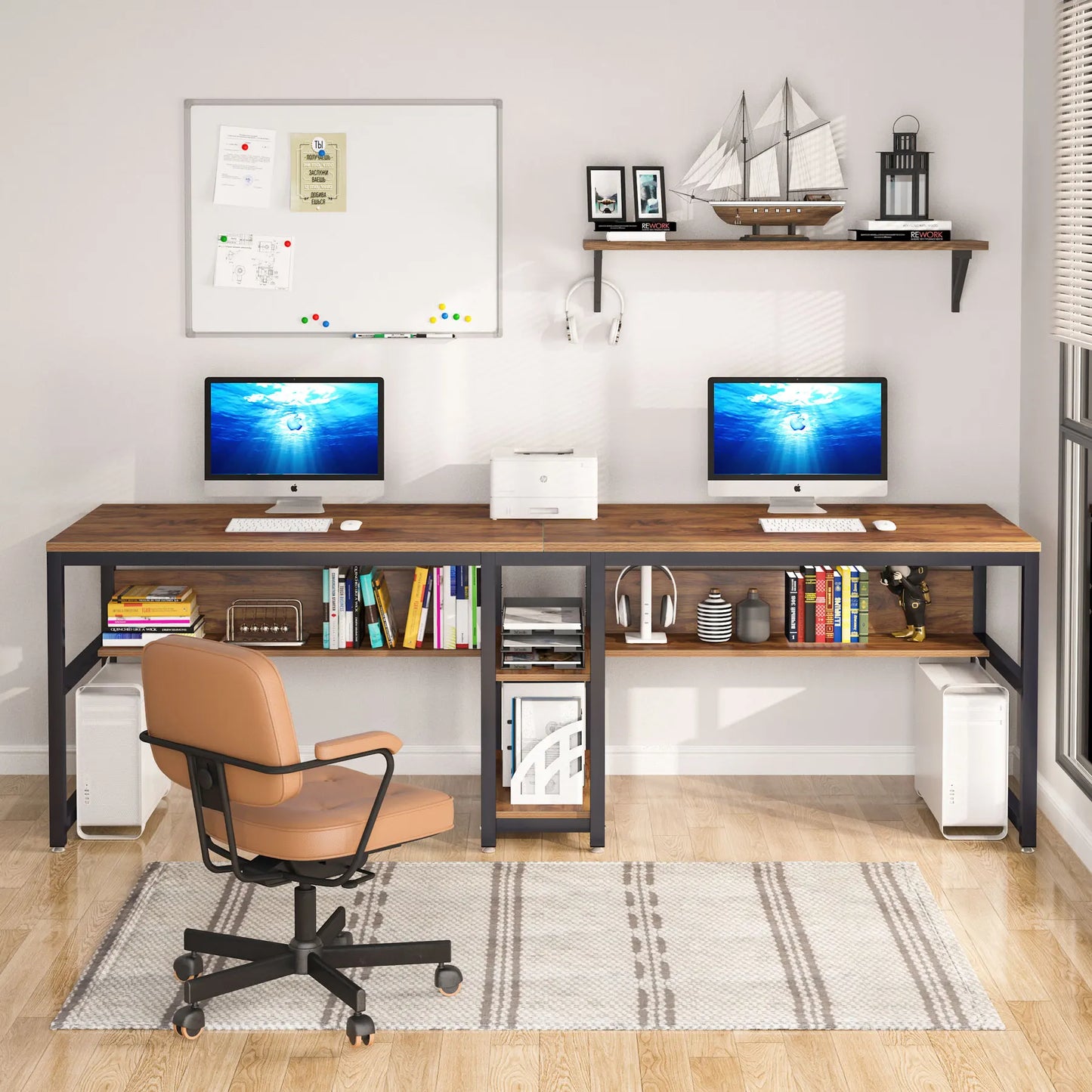 Tribesigns Two Person Desk With Bookshelf Rustic Computer Desk Workstation