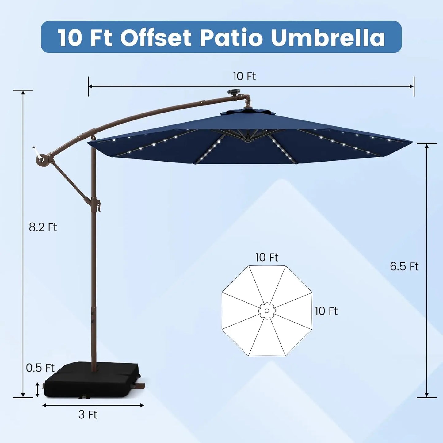 Offset Cantilever Patio Umbrella With Base And Solar LED Lights