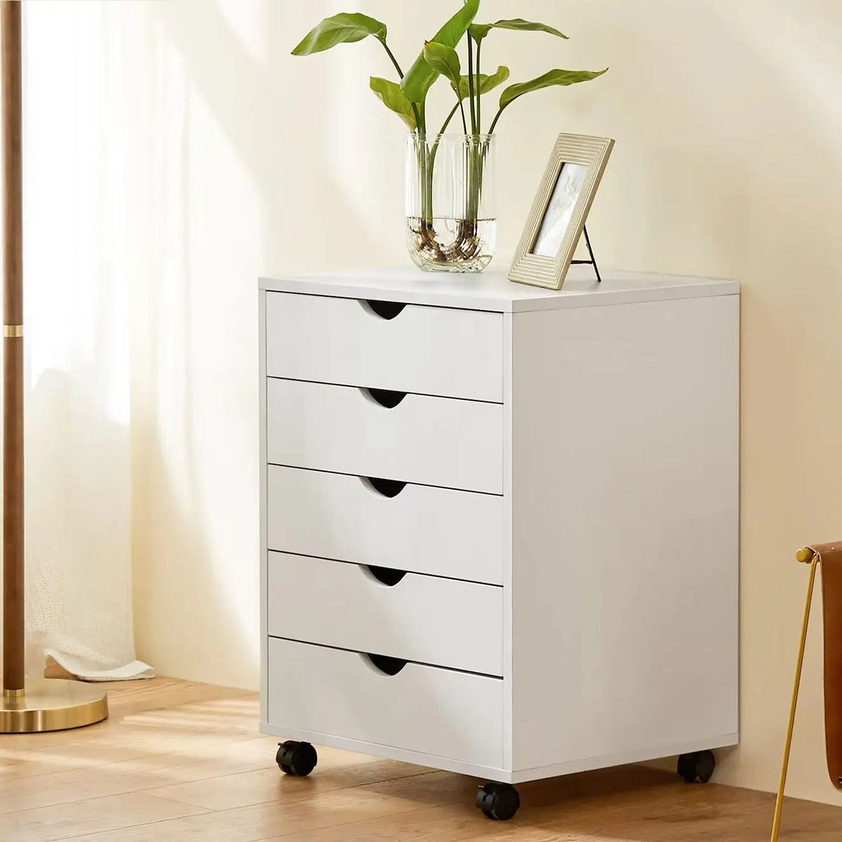 JHK Five Drawer Wood Nightstand Cabinet With Rolling Storage