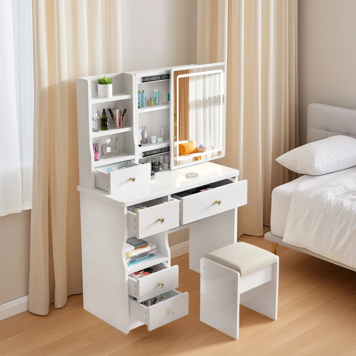 Makeup Vanity Desk With Sliding Mirror, Lights, Drawers And Stool