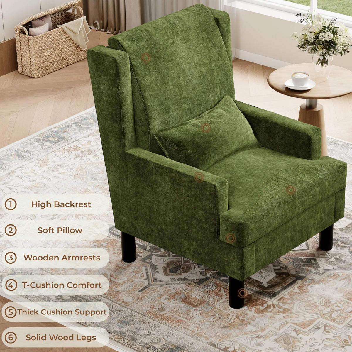 HiMISS Modern Chenille Wingback Accent Chair With Lumbar Pillow