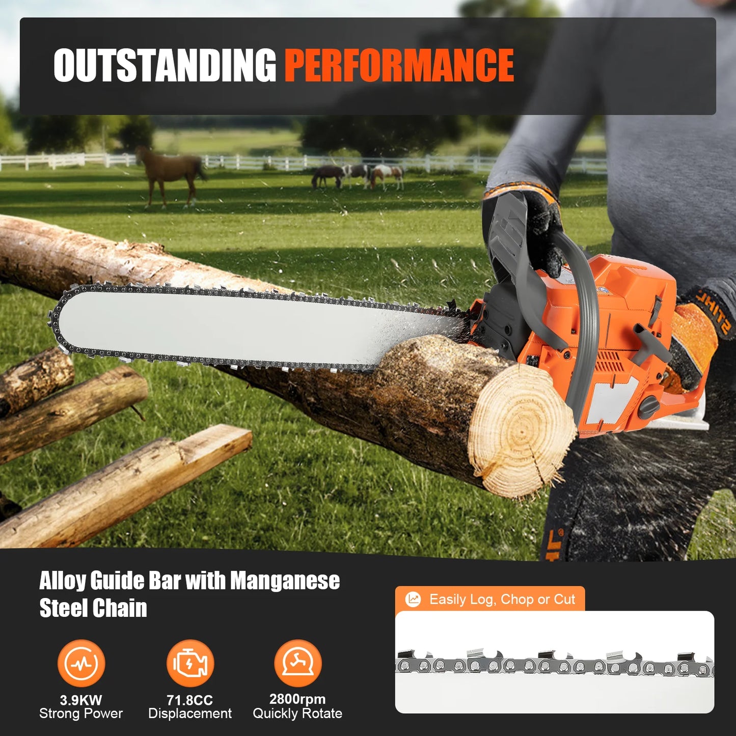 Gas Chainsaw 71.8cc 2 Stroke With Hand Pull Start