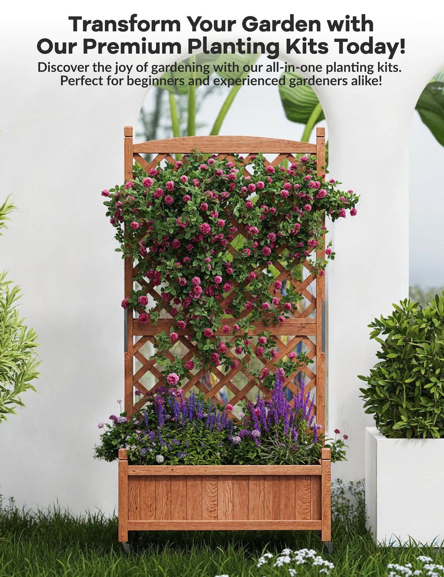 TWISTER.CK Wood Raised Planter Box With Trellis And Wheels