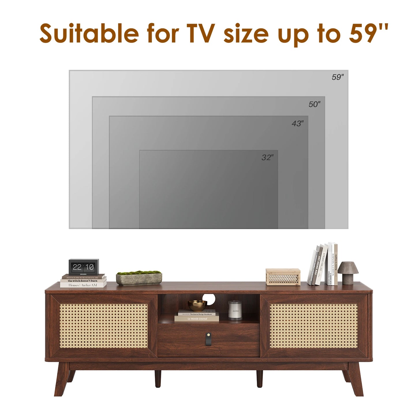 FARINI Mid Century Rattan TV Stand With Drawer And Cabinets
