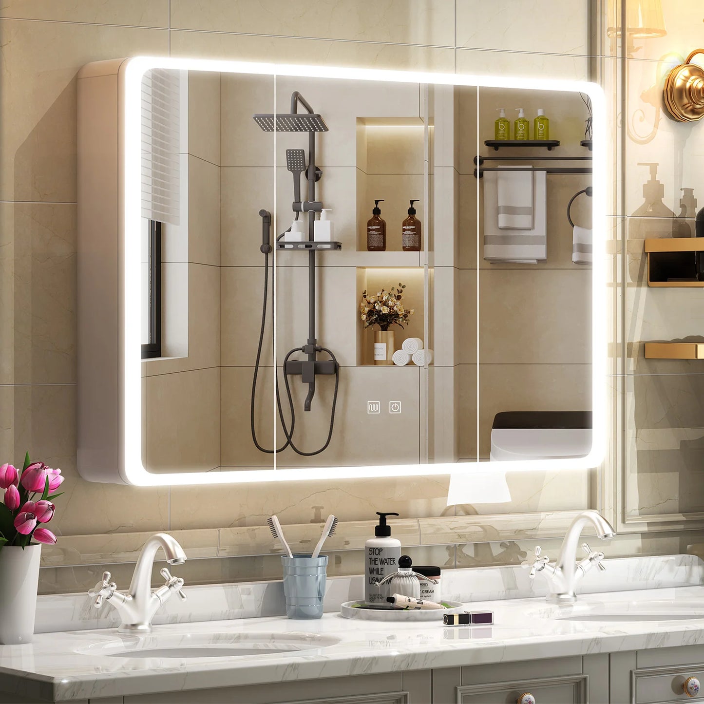 Onesaimei LED Mirror Cabinet With Fogless Lighting Two Door Bathroom