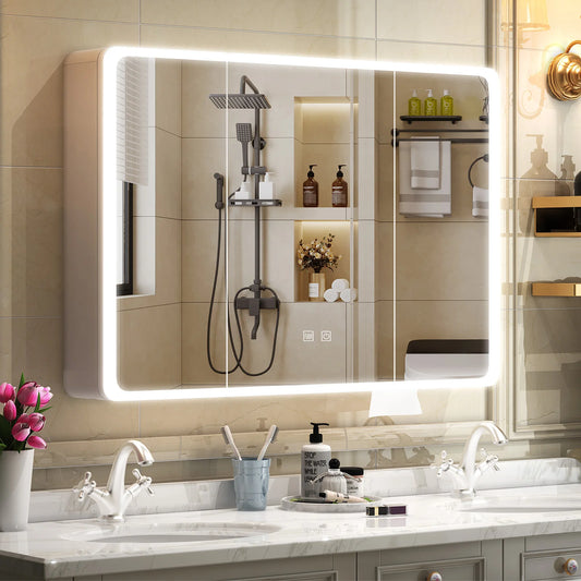Onesaimei LED Mirror Cabinet With Fogless Lighting Two Door Bathroom