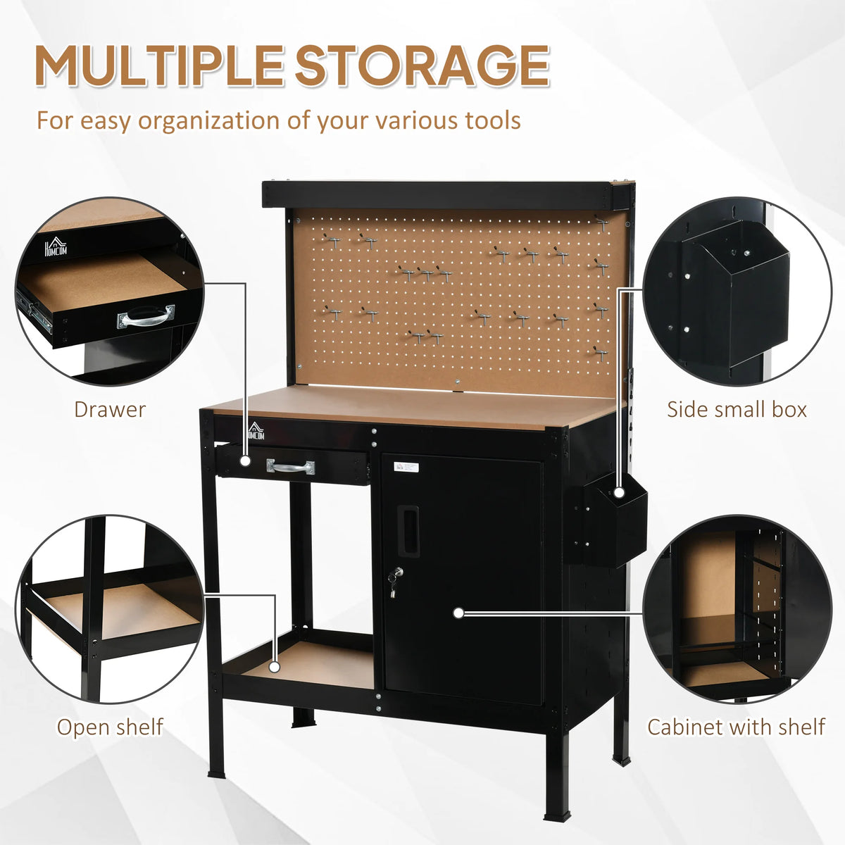 HOMCOM Multipurpose Workbench With Drawer, Pegboard And Lockable Storage