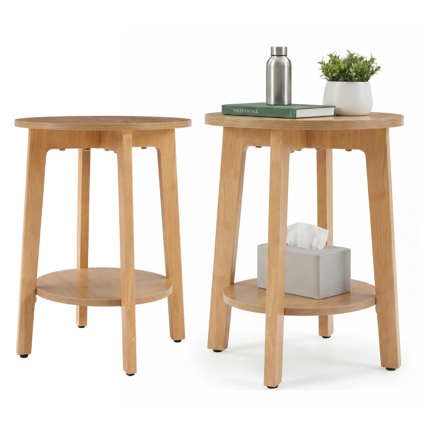 JHK Wood Round Side Tables Two Tier With Storage Shelf