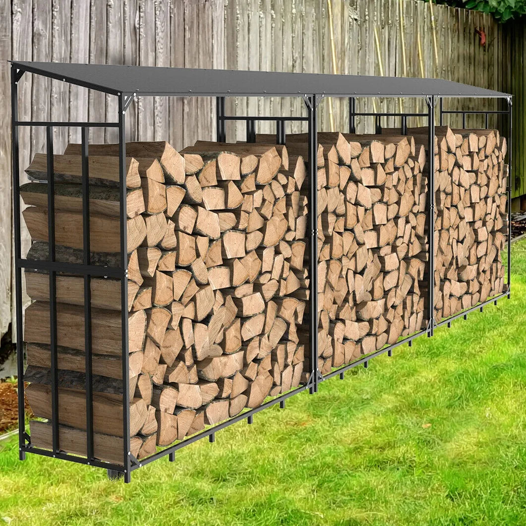 Heavy Duty Metal Firewood Rack with Protective Top Cover
