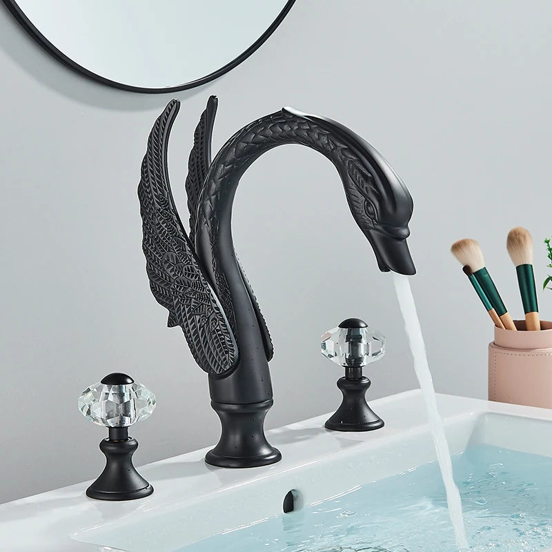 Saeuwtowy Golden Swan Bathroom Faucet With Dual Crystal Handles