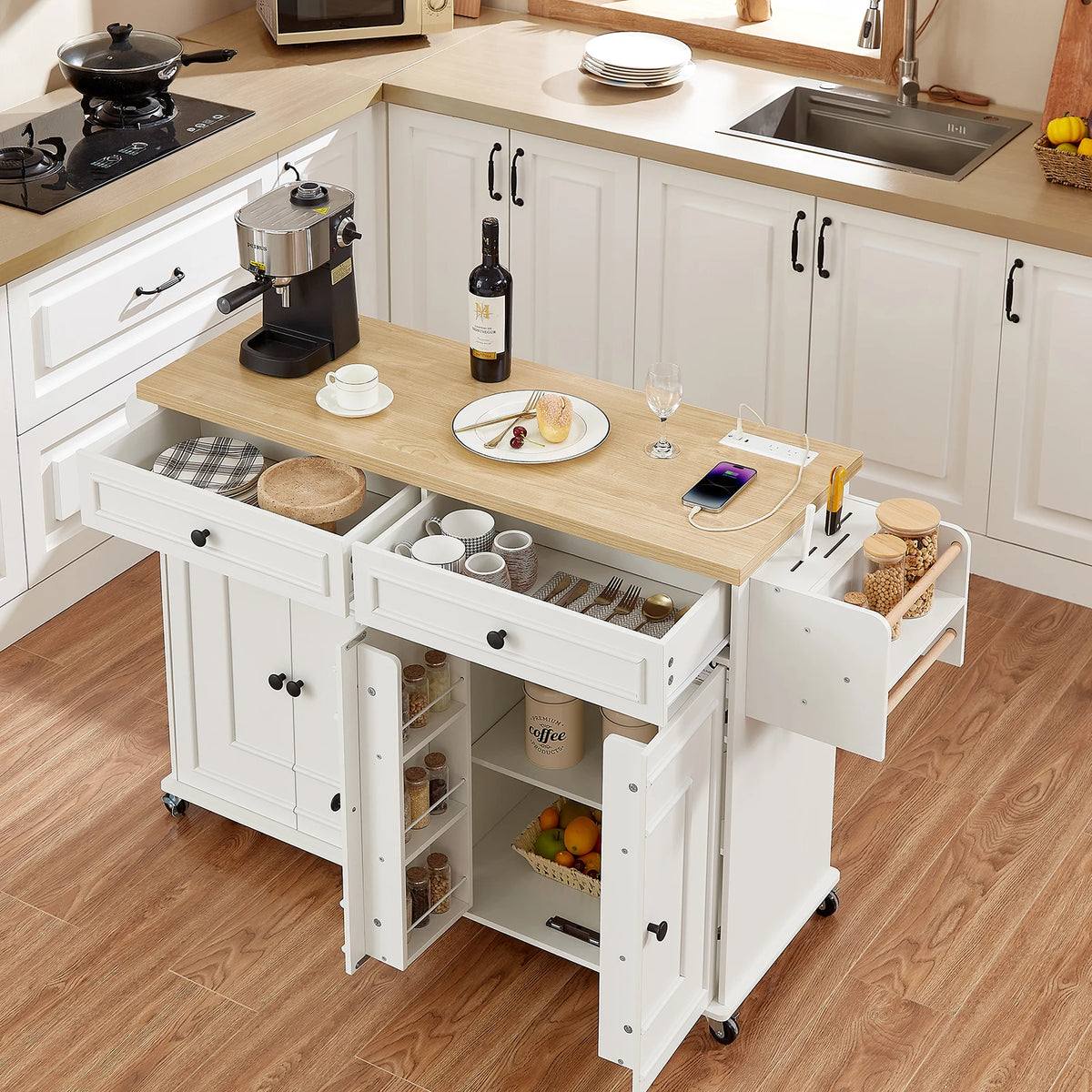 Rolling Kitchen Island With Drop Leaf And Power Outlet