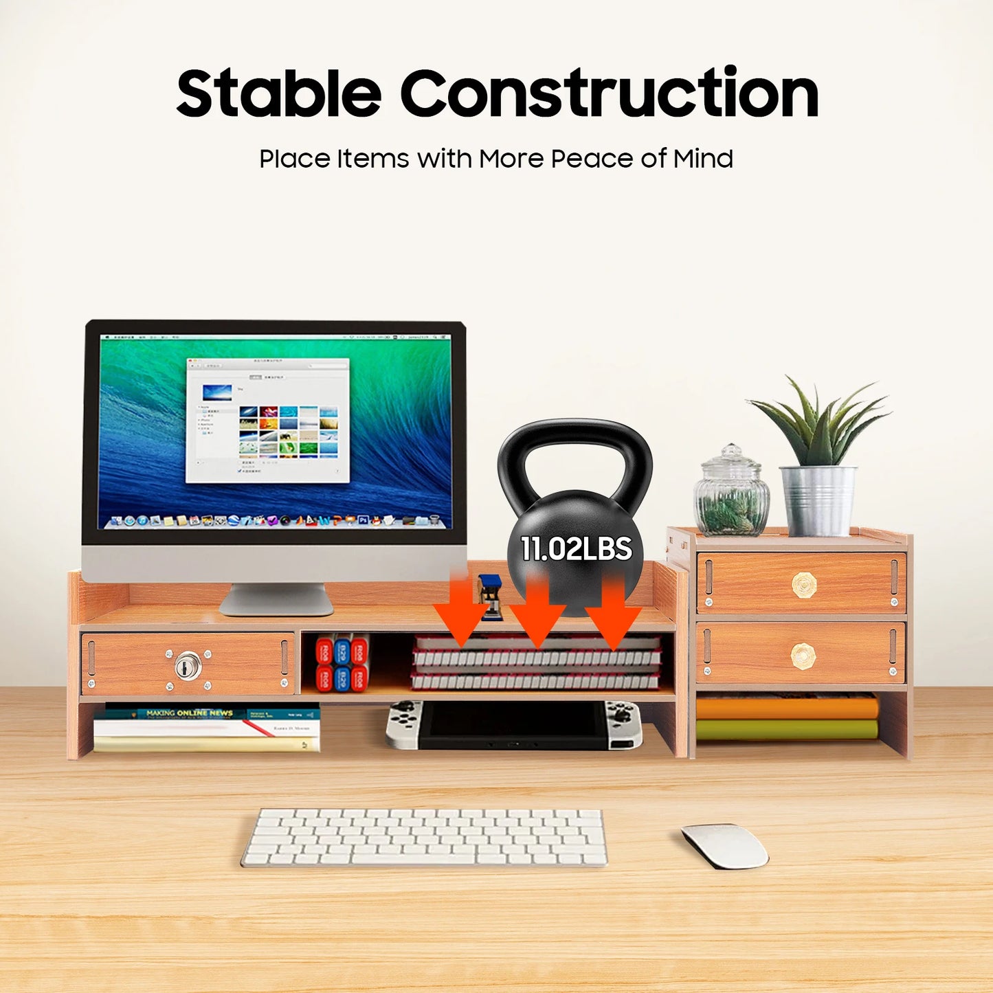 Bymaocar Wooden Monitor Stand With Lockable Drawer Storage Desk Organizer