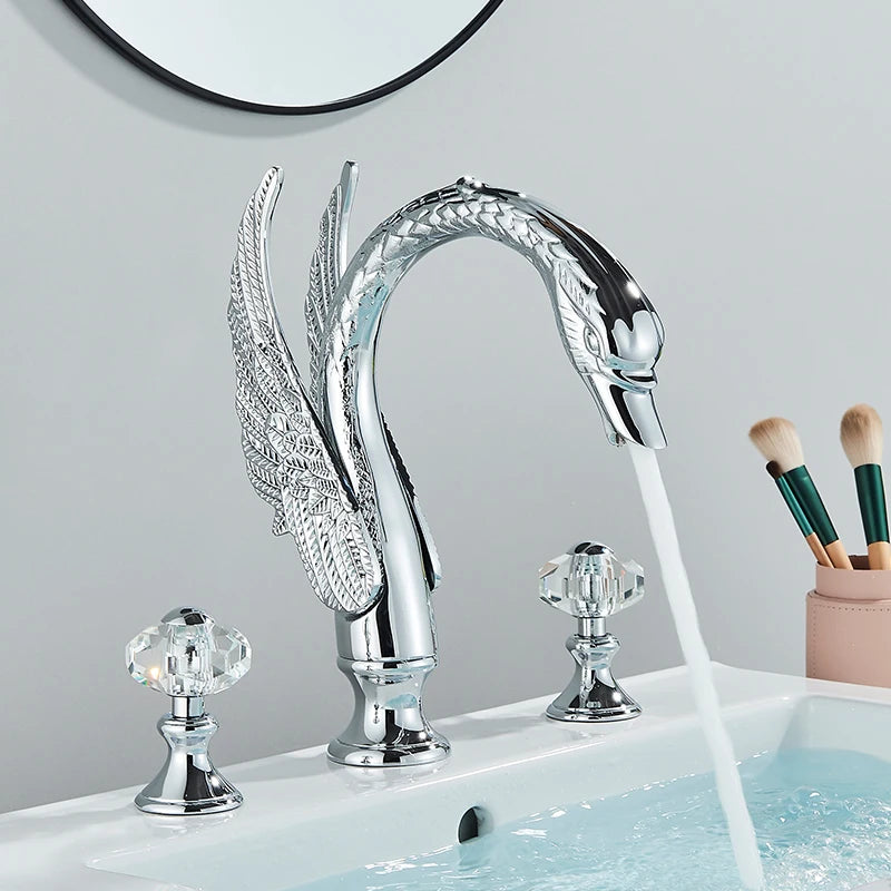 Saeuwtowy Golden Swan Bathroom Faucet With Dual Crystal Handles