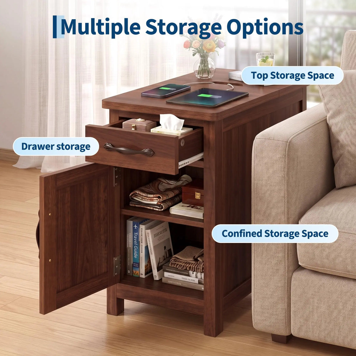 HiMISS Farmhouse End Table With Charging Station And Storage
