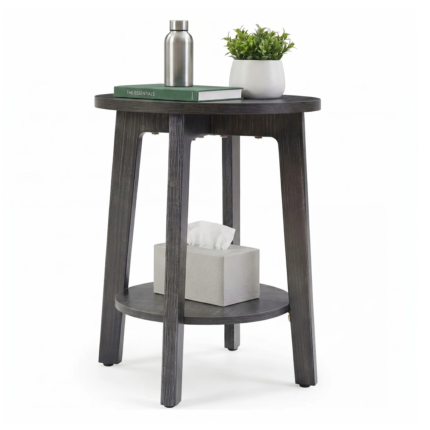JHK Wood Round Side Tables Two Tier With Storage Shelf