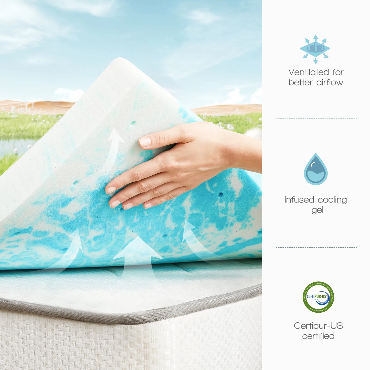 JHK Gel Memory Foam Mattress Topper With Cooling CertiPUR US