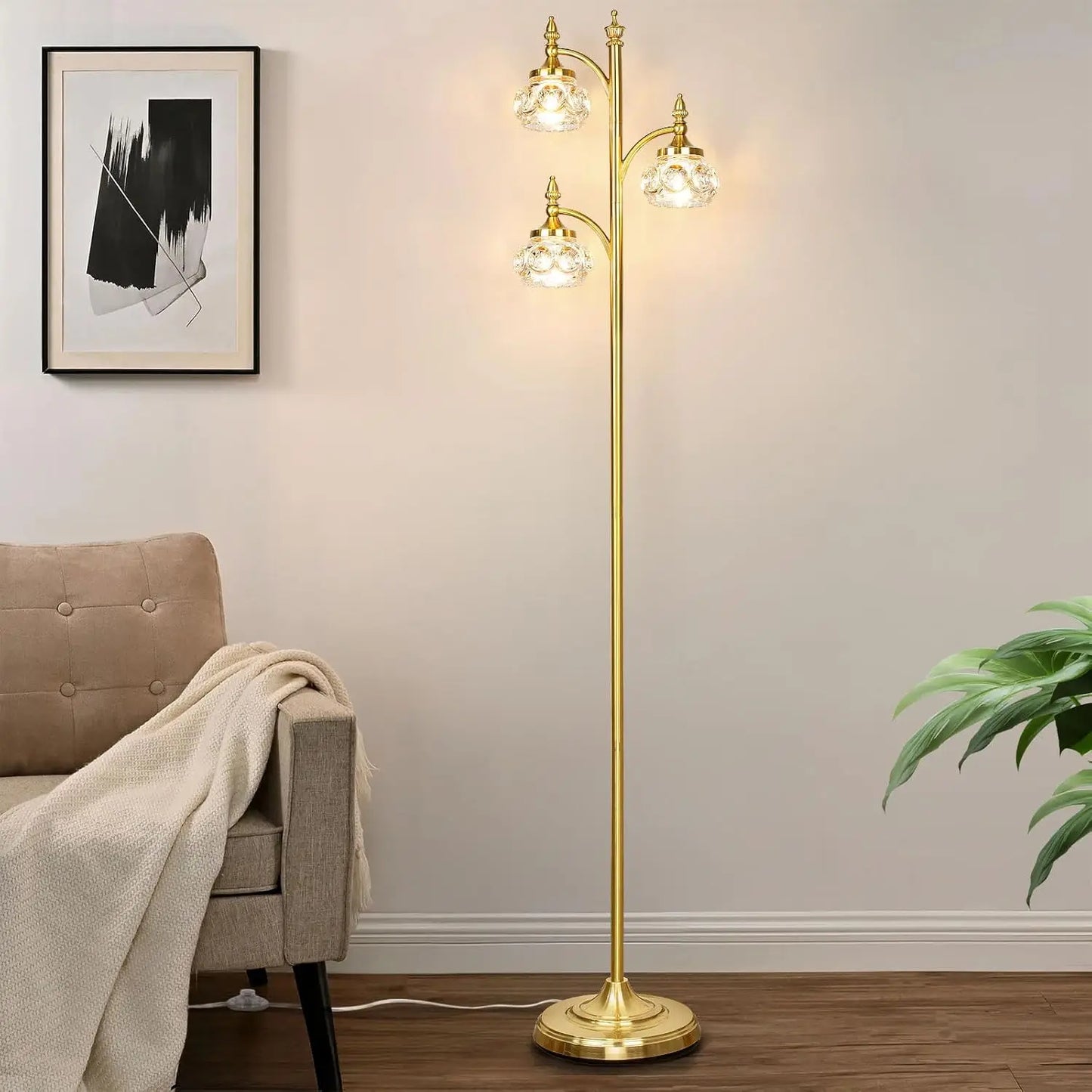 Gold Dimmable Tree Floor Lamp With Rotatable Glass Shade