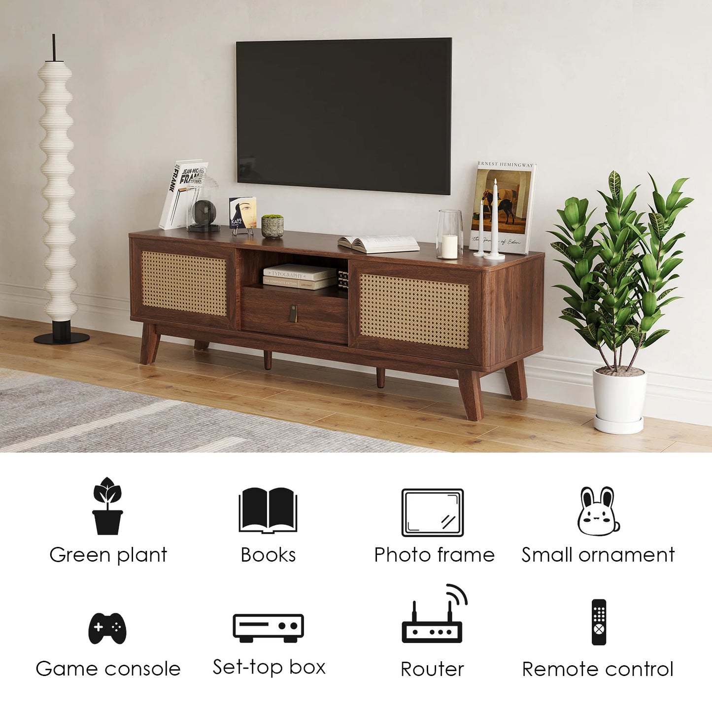 FARINI Mid Century Rattan TV Stand With Drawer And Cabinets