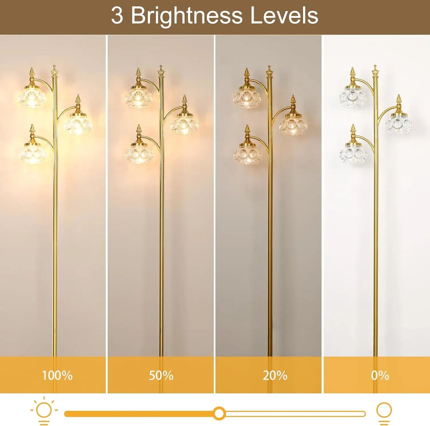 Gold Dimmable Tree Floor Lamp With Rotatable Glass Shade